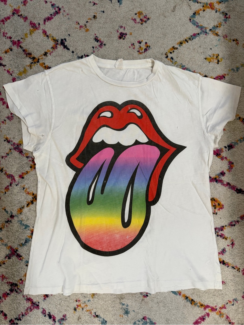 White Graphic Tee with Rainbow Tongue Print